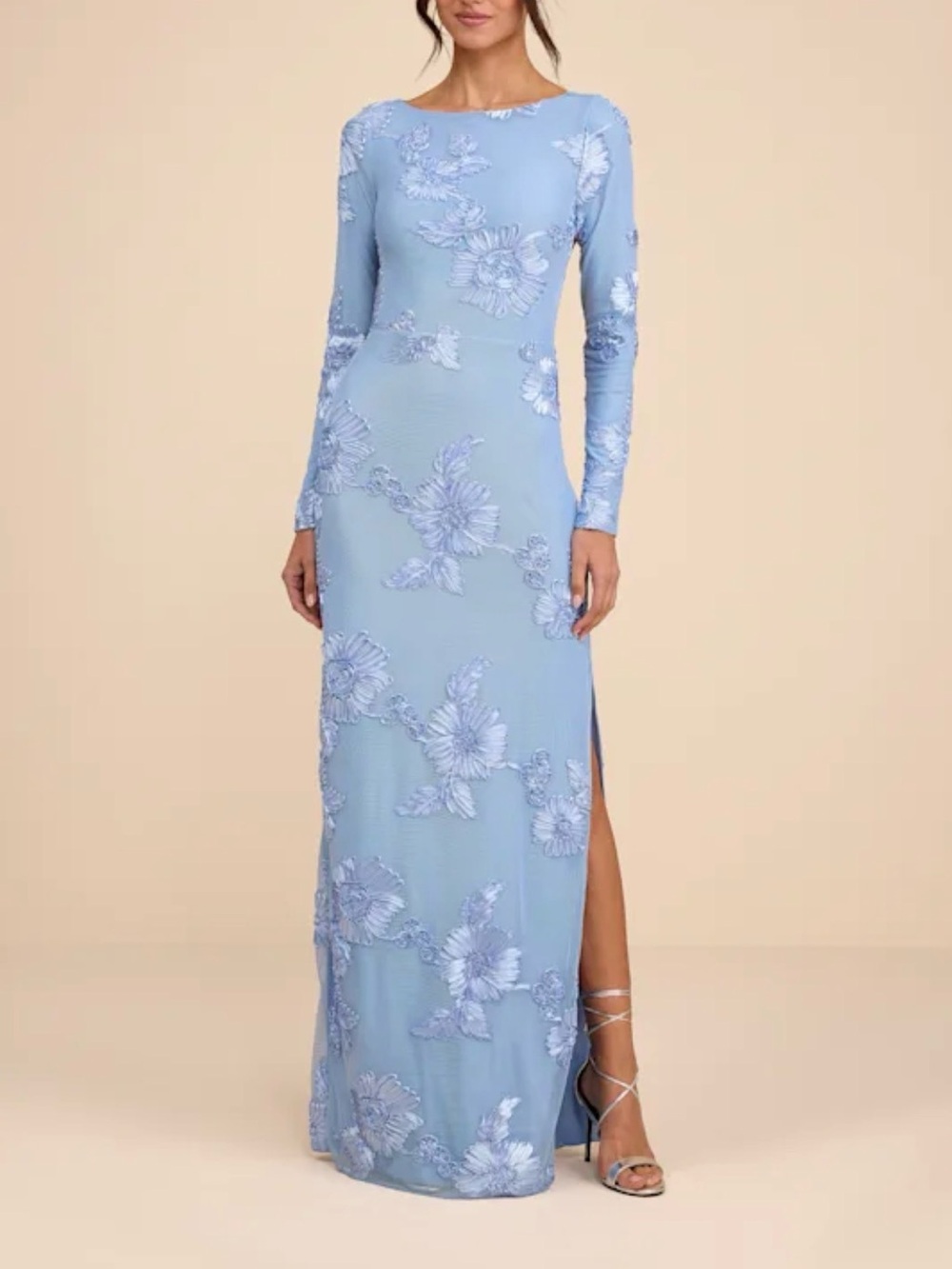 Lulus Josephine Light Blue Floral Applique Mesh Maxi Dress - Size S